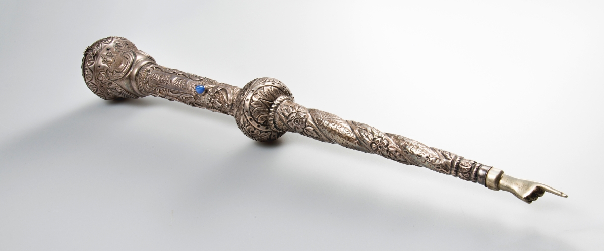 Torah pointer, probably Central Europe, Twentieth Century, silver, silver gilt and probably glass 16-  inches long, Wyner Family Jewish Heritage Center, accession No. 2018.83.