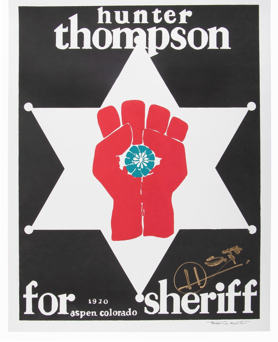 The top selling item of the day, finishing at $9,600, was a poster promoting Hunter S. Thompson’s 1970 campaign for sheriff of Pitkin County, Colo. Hunter ran on a platform he called “freak power.” The poster, which was signed by the artist, Thomas W. Benton, and also signed HST by the artist, was one of two Benton posters in the sale. A first edition of Thompson’s first book on the Hell’s Angels motorcycle gang sold for $600.