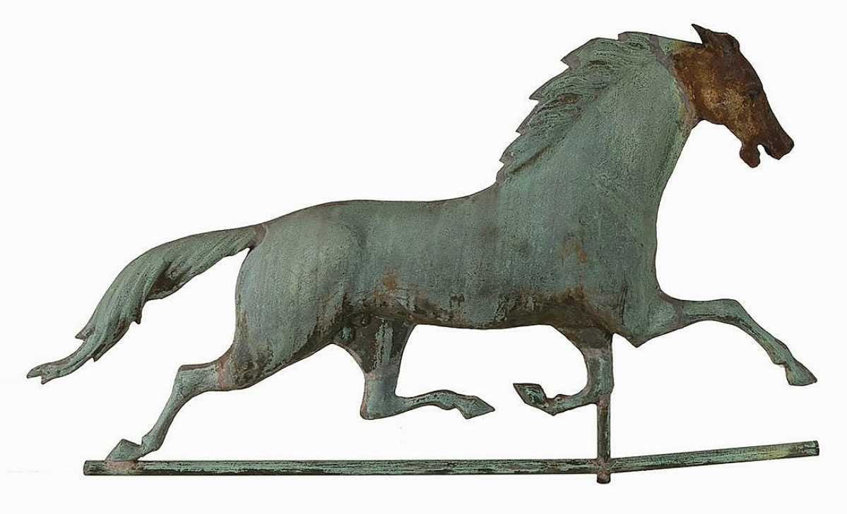 The 29-inch running horse weathervane had an iron head and an overall green surface. Bidders liked it as it made its way to $3,438.