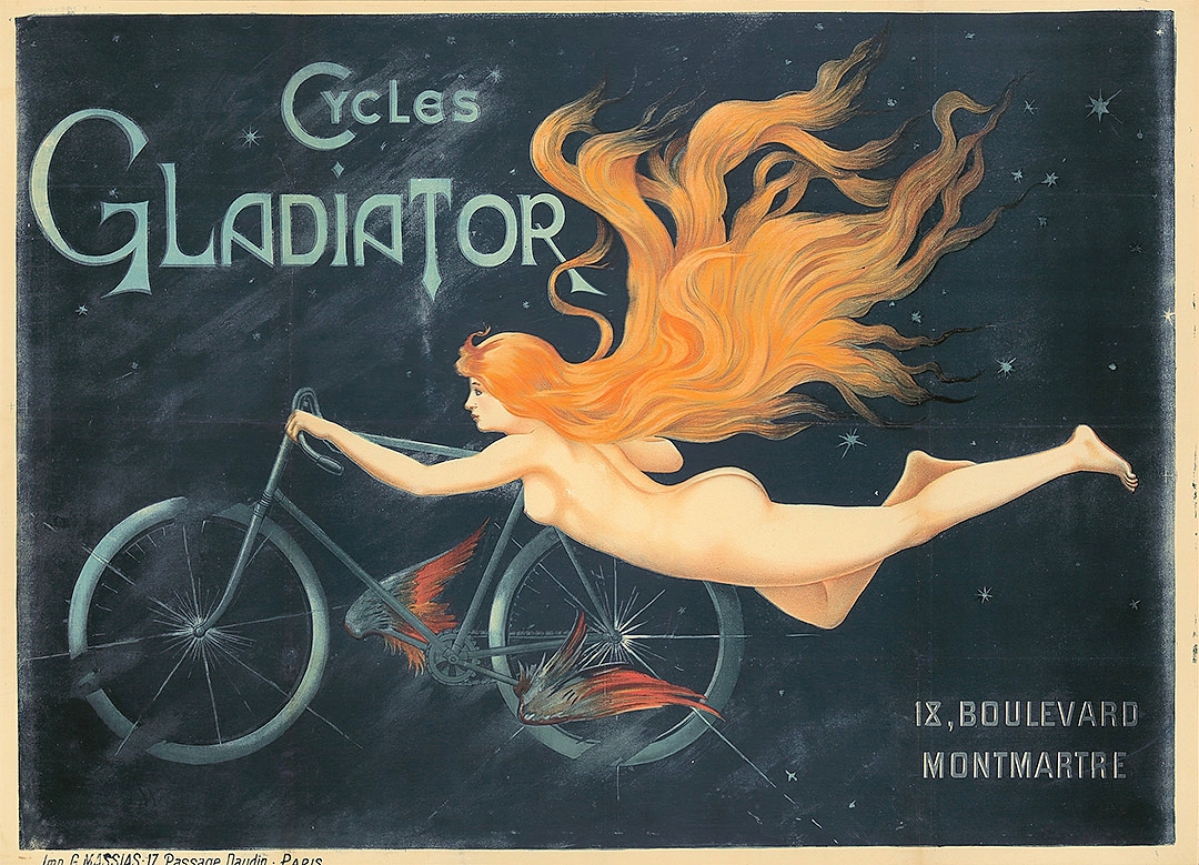 Considered a lithographic masterpiece and acclaimed as one of the world’s greatest posters, this image of a flame-tressed sylph, propelled among the stars by the Gladiator and its winged pedals is by an anonymous artist. Circa 1895, it raced to $43,200.