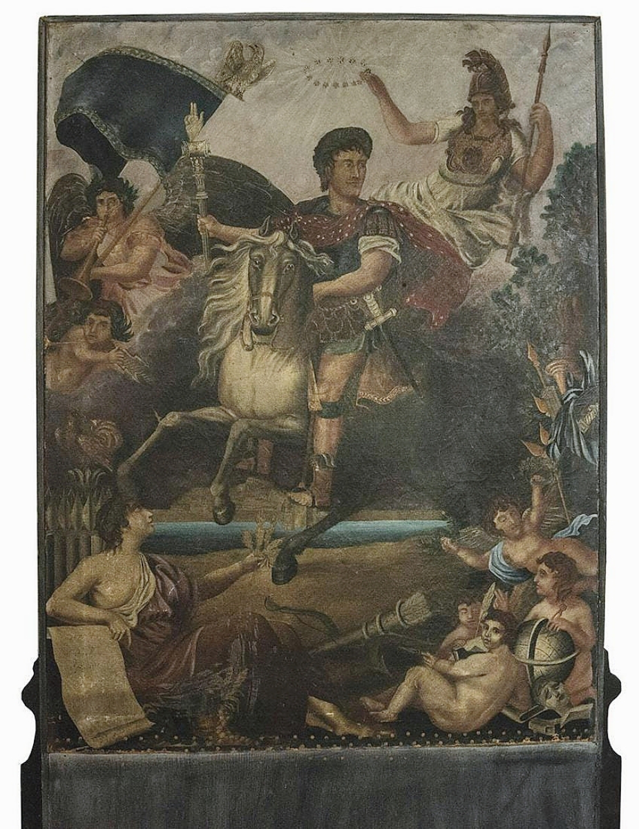 The surprise highlight of the auction was a painting depicting Alexander the Great mounted on a horse in military dress. He was surrounded by angels, with another soldier holding a crown or halo over his head. Based on a date of 1837 on a scroll held by one of the figures, it was probably Nineteenth Century. The consignor was very happy when he learned that it had sold for more than ten times the estimate, finishing at $21,250.