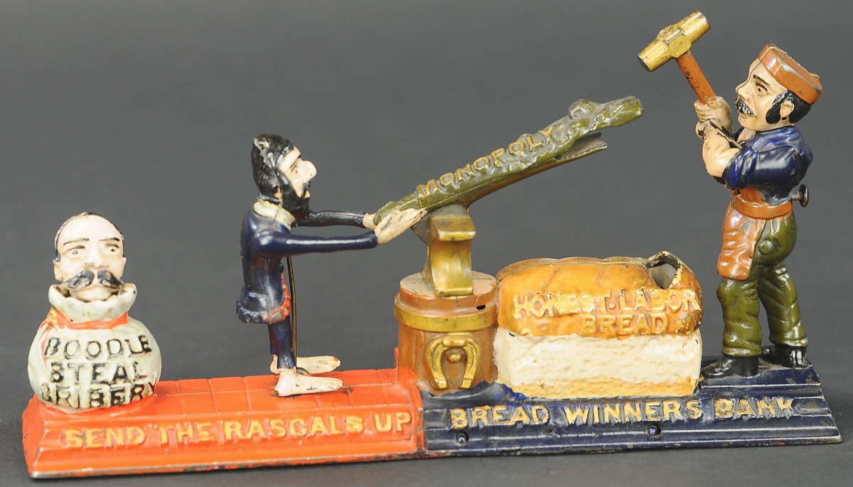 Selling for $102,000 was a Bread Winners mechanical bank by J&E Stevens. The auction house said it was “easily a contender for the best known.” In near mint condition, it was an auction record for the form.