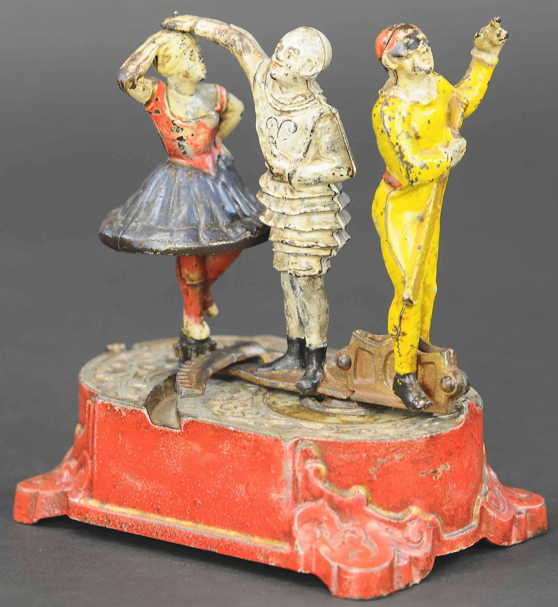 This Harlequin mechanical bank went out at $84,000. Produced by J&E Stevens, the example was featured in Blair Whitton’s Clockwork Toys.