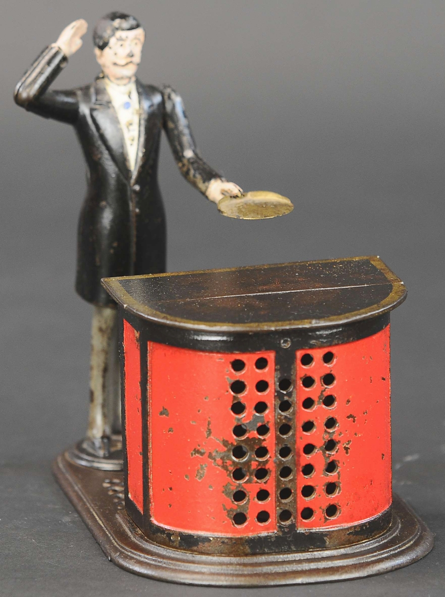 The J&E Stevens Preacher in the Pulpit bank is one of only a few known examples. It was featured in Bill Norman’s The Bank Book and sold for $84,000, tying for the third highest mechanical bank price in the sale.