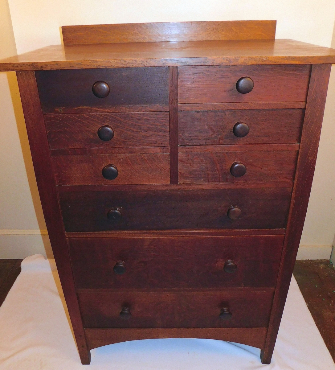The trade buyer of the Limbert cabinet also purchased this oak nine-drawer tall chest for $7,198. It had been designed by Harvey Ellis for Gustav Stickley around 1904 and retained its labels. It was from an estate on Martha’s Vineyard that was the source for several of the other Arts and Crafts pieces ($5/7,000).
