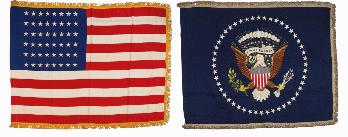 “We thought those would do well; we did not expect them to go that high though,” Curtis Lindner said of this set of Oval Office flags. Most presidents receive a single two-flag set during each administration; President Eisenhower received three sets – the 48-star flags from his first two terms and the 49- and 50-star flags during his second term. Hand-painted on silk with gold and silver bullion fringe, the set makes a striking impression and inspired heated competition, finally selling to a private collector on the East Coast, who was bidding online, for $81,250.