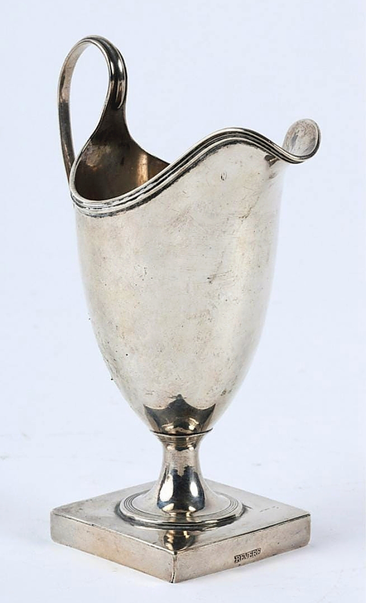Topping the selection of early silver was a Paul Revere Jr helmet-form creamer. It was 6 inches tall and realized $22,800.