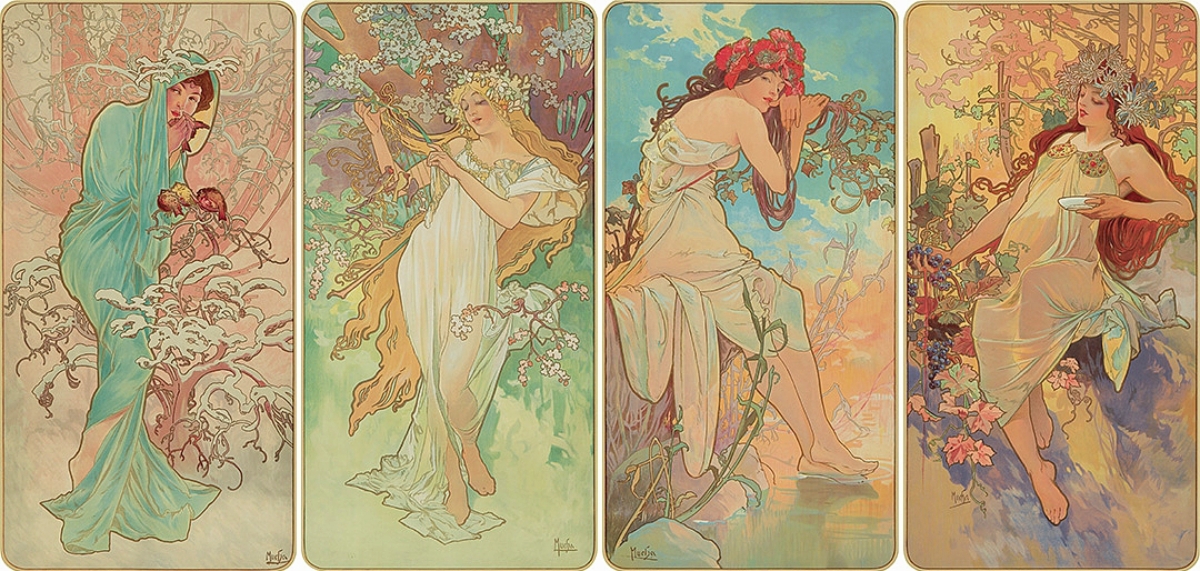 The classic quartet The Seasons, 1896, by Alphonse Mucha was offered in its before-text printing version, selling for $43,200.