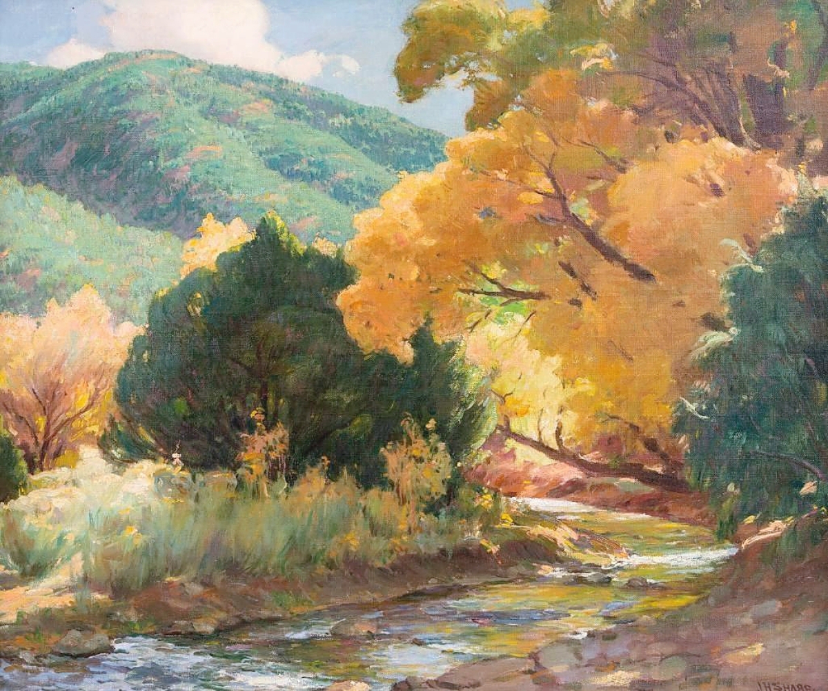 Tying for the top lot was Joseph Henry Sharp’s (1859-1953) “Taos Landscape,” a 30-by-36-inch oil on canvas that sold for $64,900. Ron Nicklas commented that both the size and the river flowing through it added to the importance of the work.