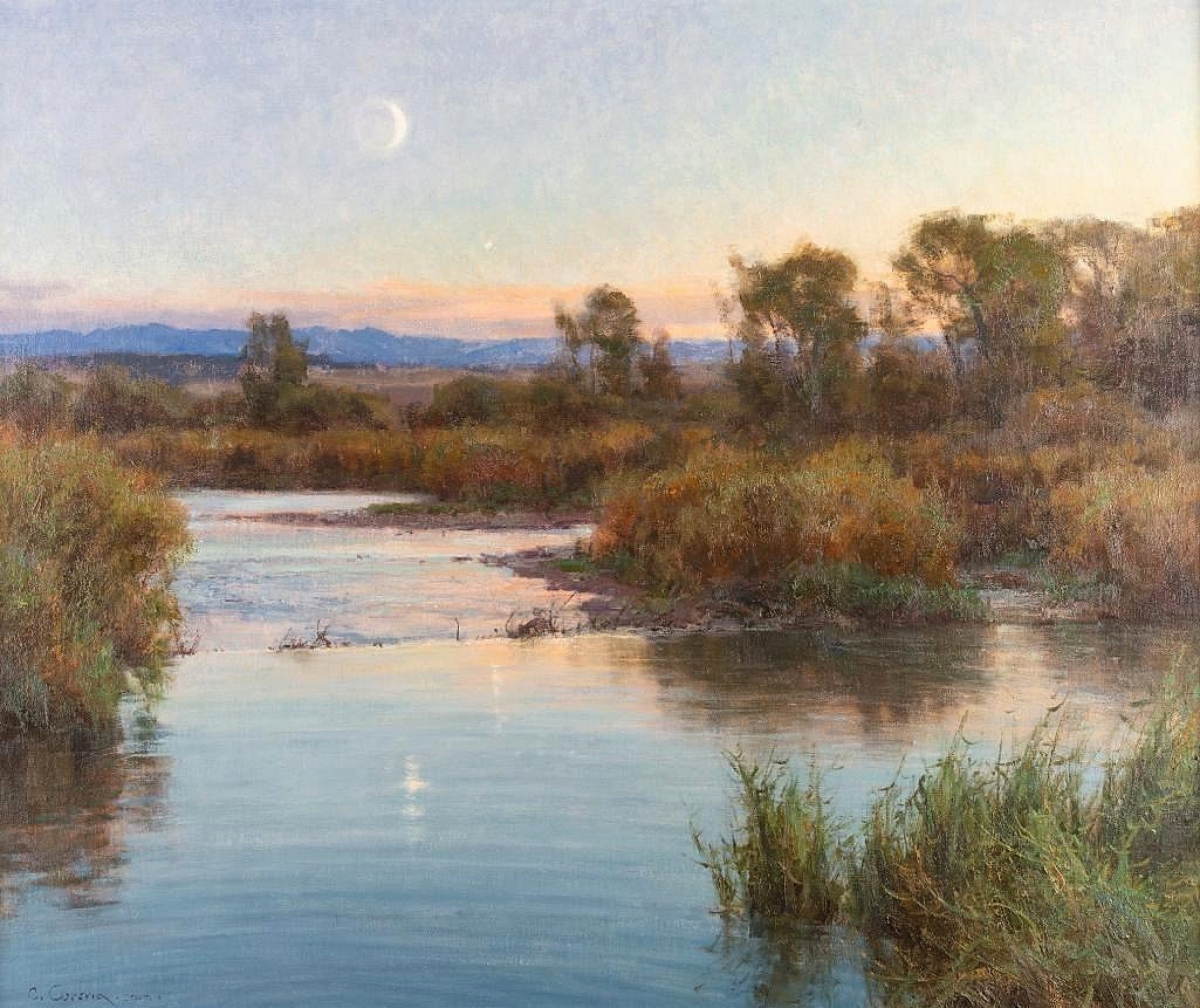 Clyde Aspevig (b 1951) produced this 2015 work, “Planetary Alignment.” The oil on board, 30 by 36 inches, had provenance to The K.T. Wiedemann Foundation and sold for $50,150.
