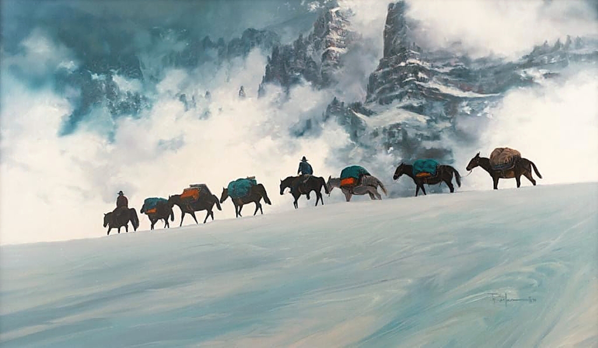 Tied for the sale’s top lot at $64,900 was Ty Barhaug’s (b 1963) “Pure Altitude,” a 21-by-36-inch oil on board. The result was a product of two buyers falling in love with the image. It had come from the estate of Washington collector Dale Popp, who purchased it at a 1999 CM Russell auction.