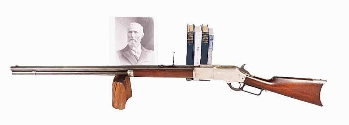 A factory letter accompanying this Winchester Model 1876 .45 caliber rifle said it was shipped to Stuart Granville December 8, 1883. The known lineage chain traces from the Stuart family, Jim McGee, Charles Layson, Bob Allsop, Lee Pollock, Tom Richards and Dewey Schaffer of North Platte, Neb. An inscription on the sideplate reads “Granville Stuart from the Montana Stock Growers Assoc. Christmas 1883.” The rifle took $35,400.
