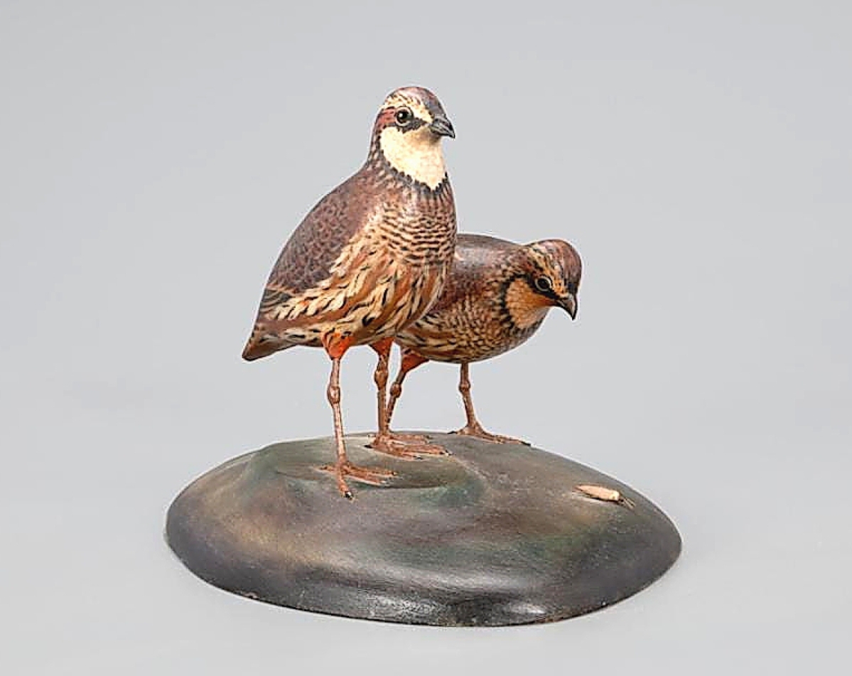 At $221,400, more than three times the estimate, Elmer Crowell’s life-size carving of a pair of bobwhite quail, on a double mount, was the highest priced carving in the sale. It was also the highest auction price for an upland carving of any species. Although upland game birds are not often seen on Cape Cod now, they were much more common in Crowell’s day. It was signed and dated 1938.