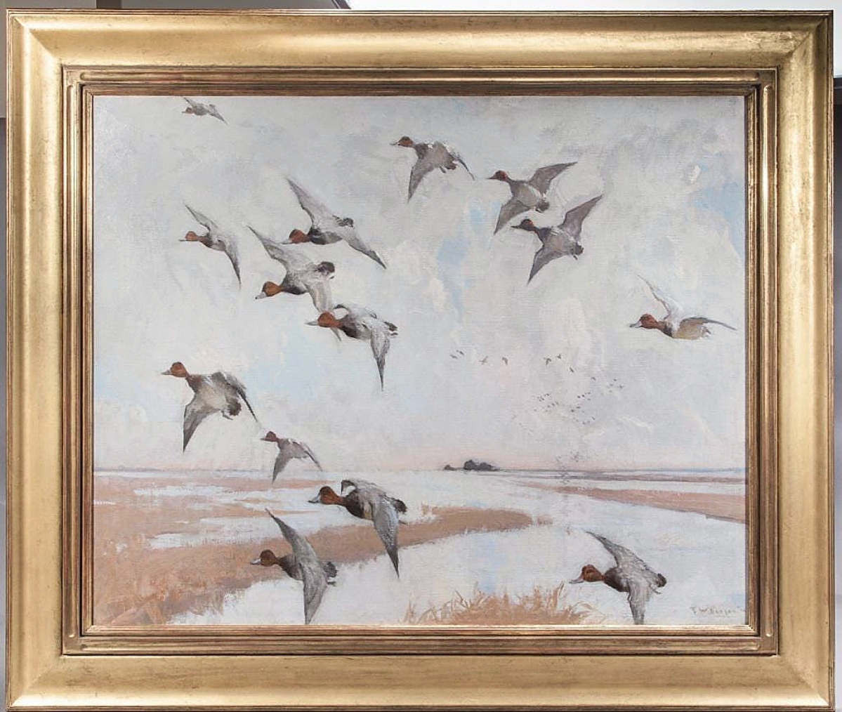 At $270,000, “Redheads in Flight” by Frank Benson was the highest priced item in the auction. Few early oil paintings of waterfowl by Benson are known to exist. This one was probably inspired by time Benson spent at the Long Point hunt club on Lake Erie. The catalog includes extensive details, with quotes by the artist, of his hunting experiences at the club.
