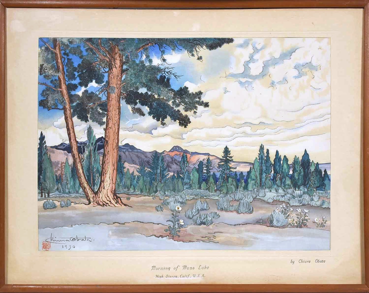 Surprising was this woodblock print by Japanese artist Chiura Obata (1885-1975). The 1930 depiction, “Morning of Mono Lake High Sierra, Calif.,” left its $400/800 estimate far behind to leave the gallery at $11,800.