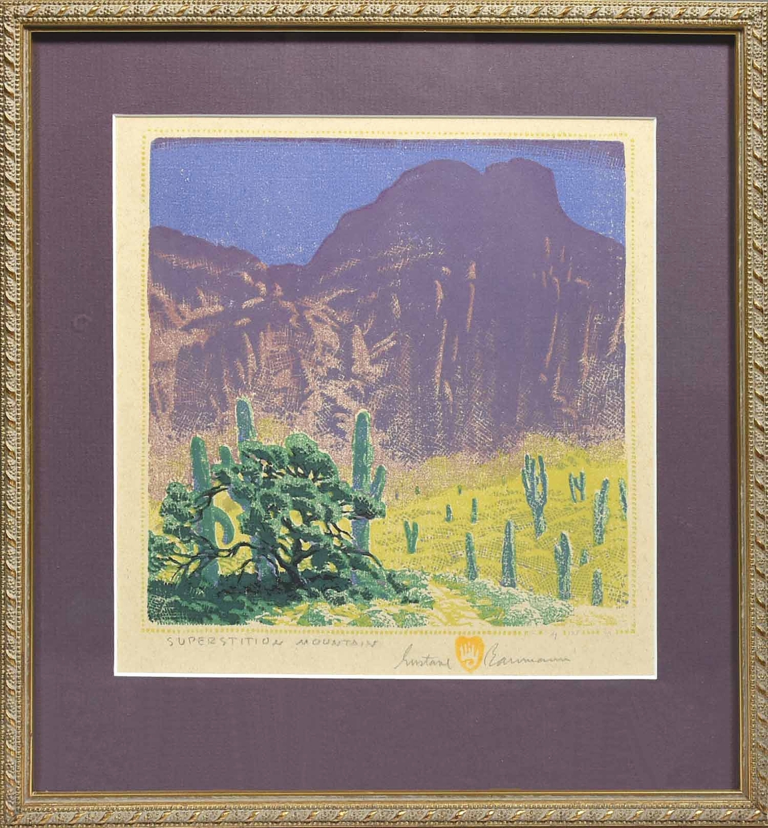 Leading the sale was a scarce 1949 woodcut by Gustave Baumann (1881-1971), one of the leading figures of the color woodcut revival in America. Soaring to $24,600 against an $800-$1,200 estimate, the work titled “Superstition Mountain,” #4/125, depicting the formation northwest of Florence, Ariz.