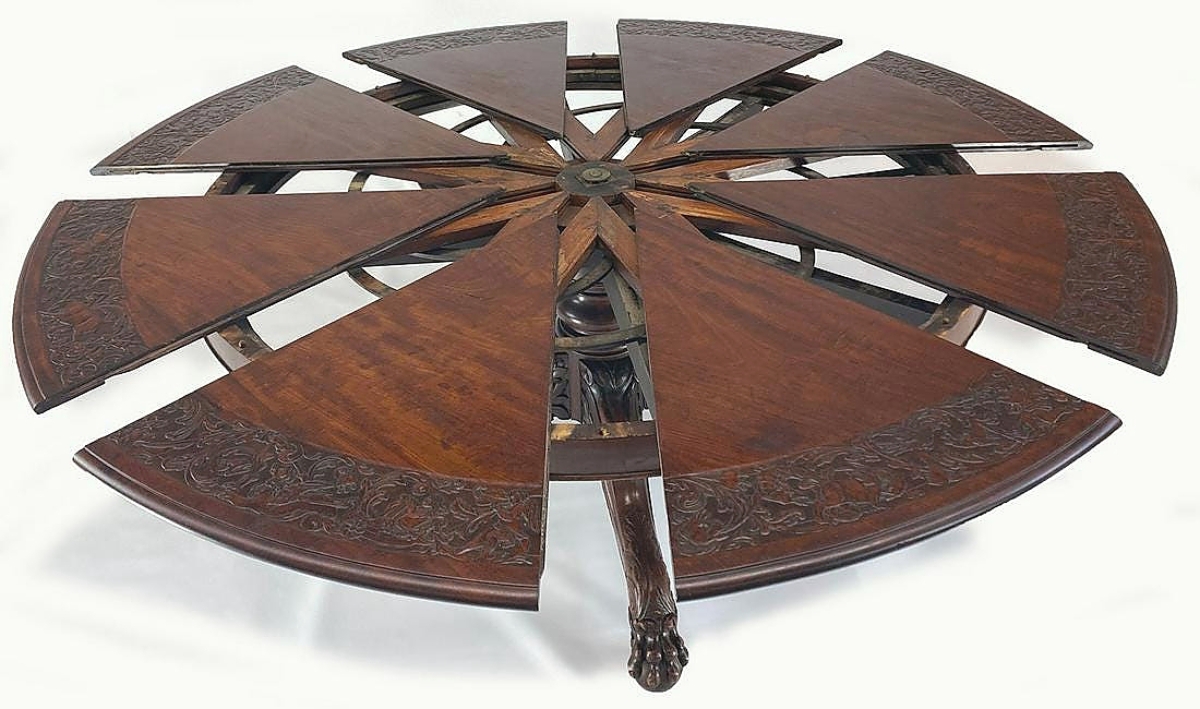 The Johnstone & Jeane’s tabletop easily rotated on its base to allow sets of leaves to be inserted, increasing the diameter to 78 inches or 90 inches, depending which set of eight additional leaves was put in place. The mechanism was patented in 1835, and tables using that mechanism are still being produced.