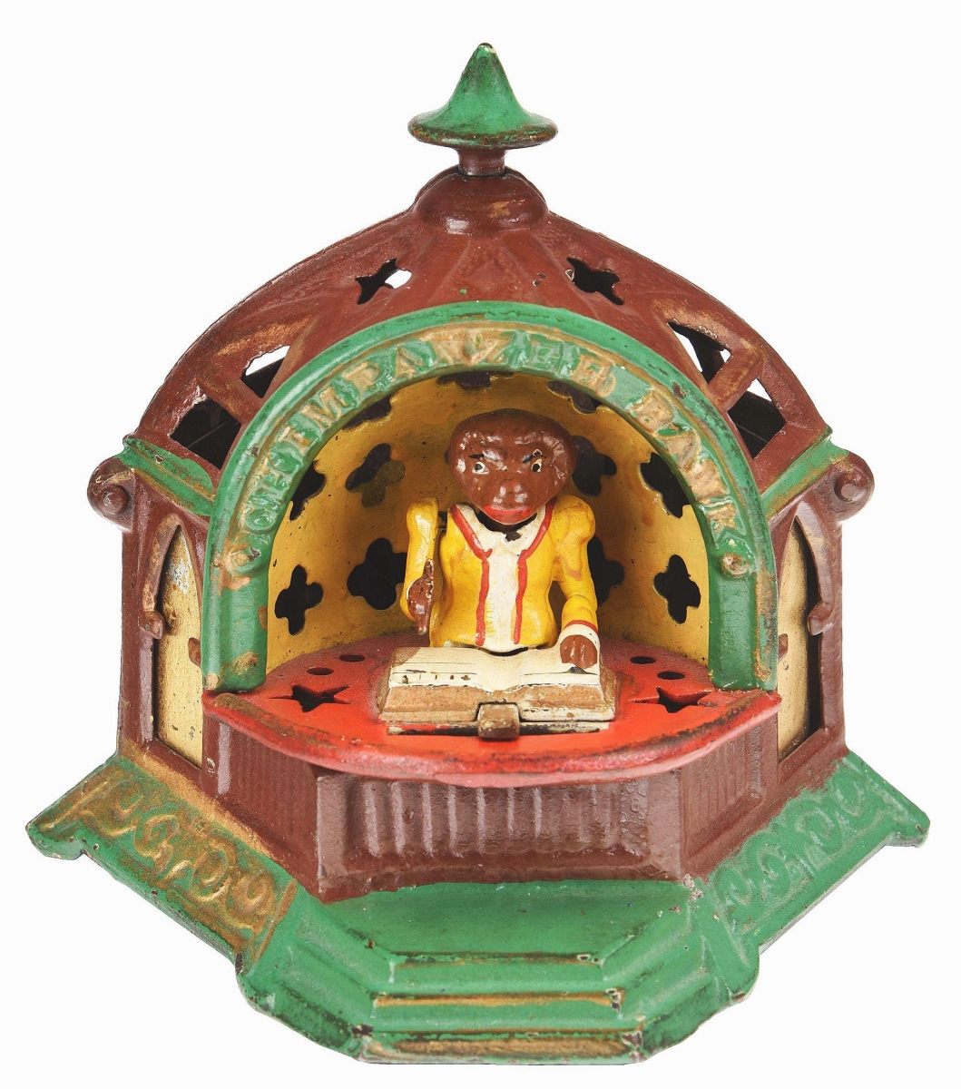 The auction house called this Chimpanzee mechanical bank in near mint plus condition one of the finest known. It was made by Kyser & Rex, Frankford, Penn., and sold for $63,000.