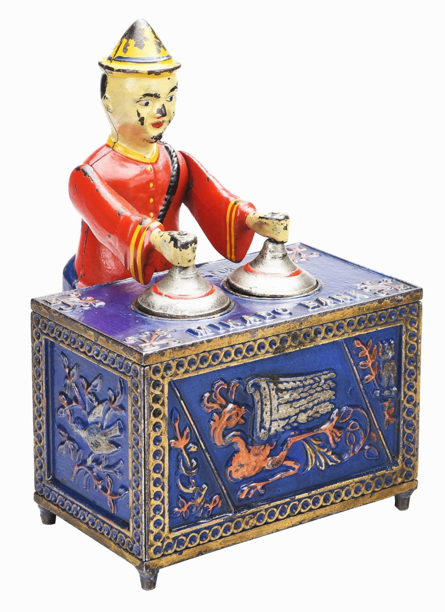 In near mint condition, this Mikado mechanical bank with blue base went out at $81,000. Kyser & Rex, Frankford, Penn.