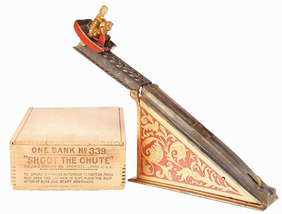 The sale’s top lot was this Shoot the Chute mechanical bank that brought $159,900. Produced by J&E Stevens, this example came with its original box as well as a painted figure, unpainted figure and the pattern to make the cart and figures. The auction house said it was one of the top examples known and had provenance to Don Markey.