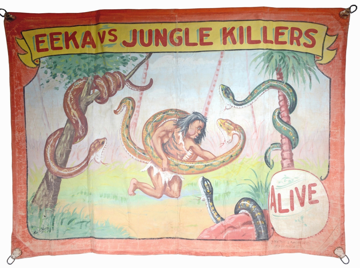 Leading all sideshow banners in the sale was this example by the master of the medium, Fred Johnson. “Eeka vs Jungle Killers” was an alluring image of danger and adventure. It measured 80 by 111 inches and sold for $6,875.