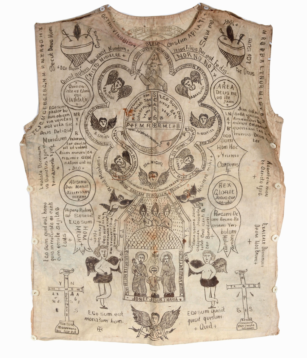 Selling for $8,750 was this religious vest with ink-drawn symbolism and Latin text. Slotin said it reminded him of flash art and was likely by a Hispanic artist.