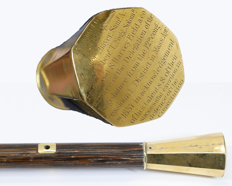 Among an outstanding collection of more than 50 canes and walking sticks, best in show went to this John Q. Adams presentation cane that commanded $7,995. Said to be cut from the timbers of the frigate Constitution, it was inscribed “Presented to the Ho. John Q. Adams by Minot Thayer, Sam’l Turner, Eben’r T. Frogg, Soloman, Richmond and Harvey Field, a committee of the delegation of the legislature ran of the 12th congressional district in Mass. April 1st 1837, in acknowledgment of his talents and other successful exertion in defence of the constitution of his country.”