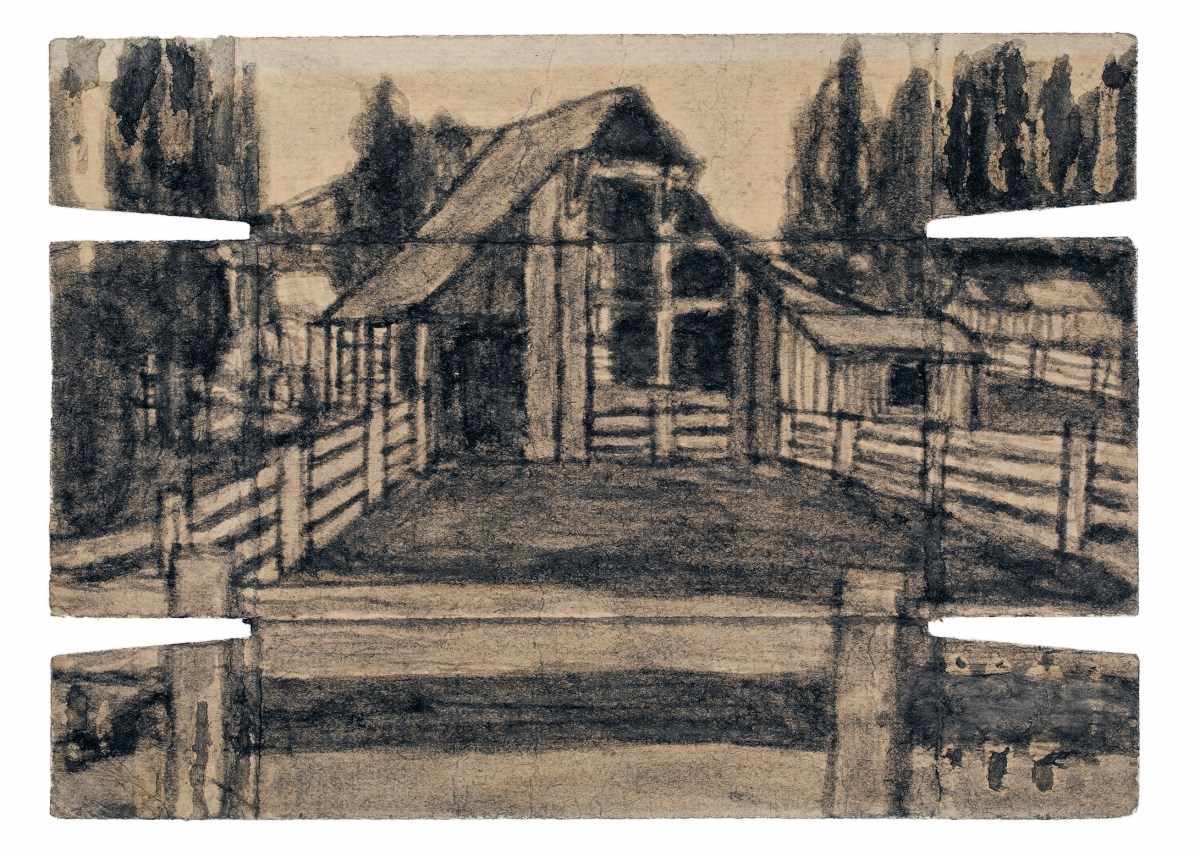 Untitled (farmscape with corral fence) by James Charles Castle (1899-1977), no date. Found paper, soot, crayon, 5¼ by 7- inches. ARCV61-0253 ©James Castle Collection and Archive, all rights reserved.