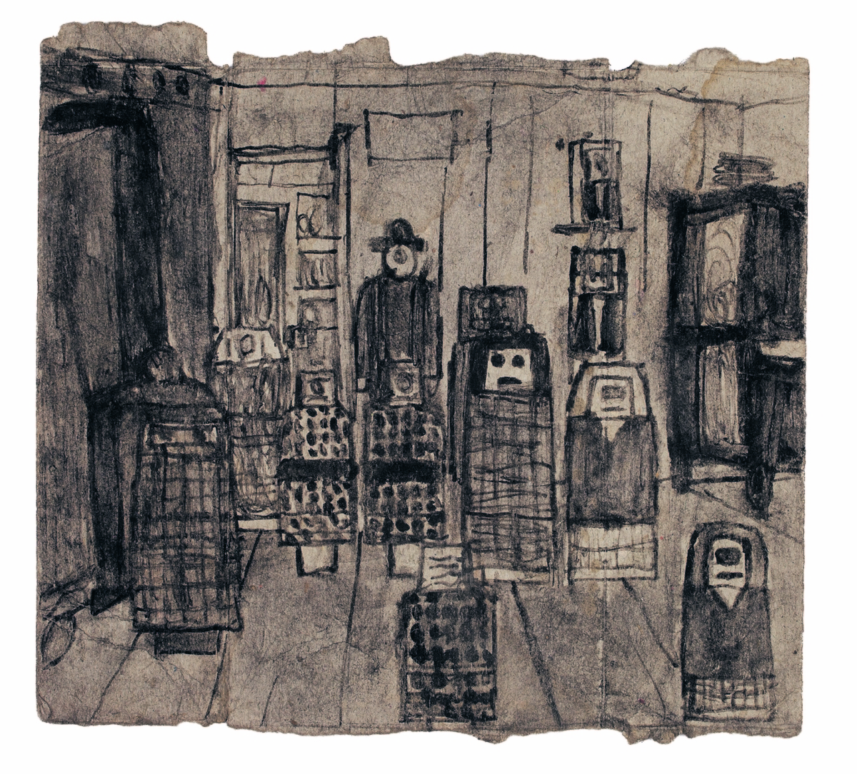 Untitled (interior with figures) by James Castle (1899-1977), no date.   Found paper, soot, 4¾ by 5¼ inches. CAS14-0228   ©James Castle Collection and Archive, all rights reserved.