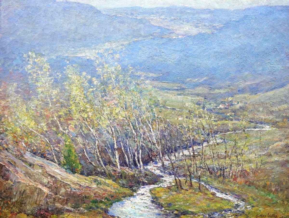 This landscape painting by Cullen Yates (1866-1945), “The South Wind,” a spring scene featuring the Shawnee Valley, was dated 1917 and presented in its original Newcomb Macklin frame with exhibition labels on reverse and measuring 25 by 30 inches, led the overall auction, finishing at $9,840.