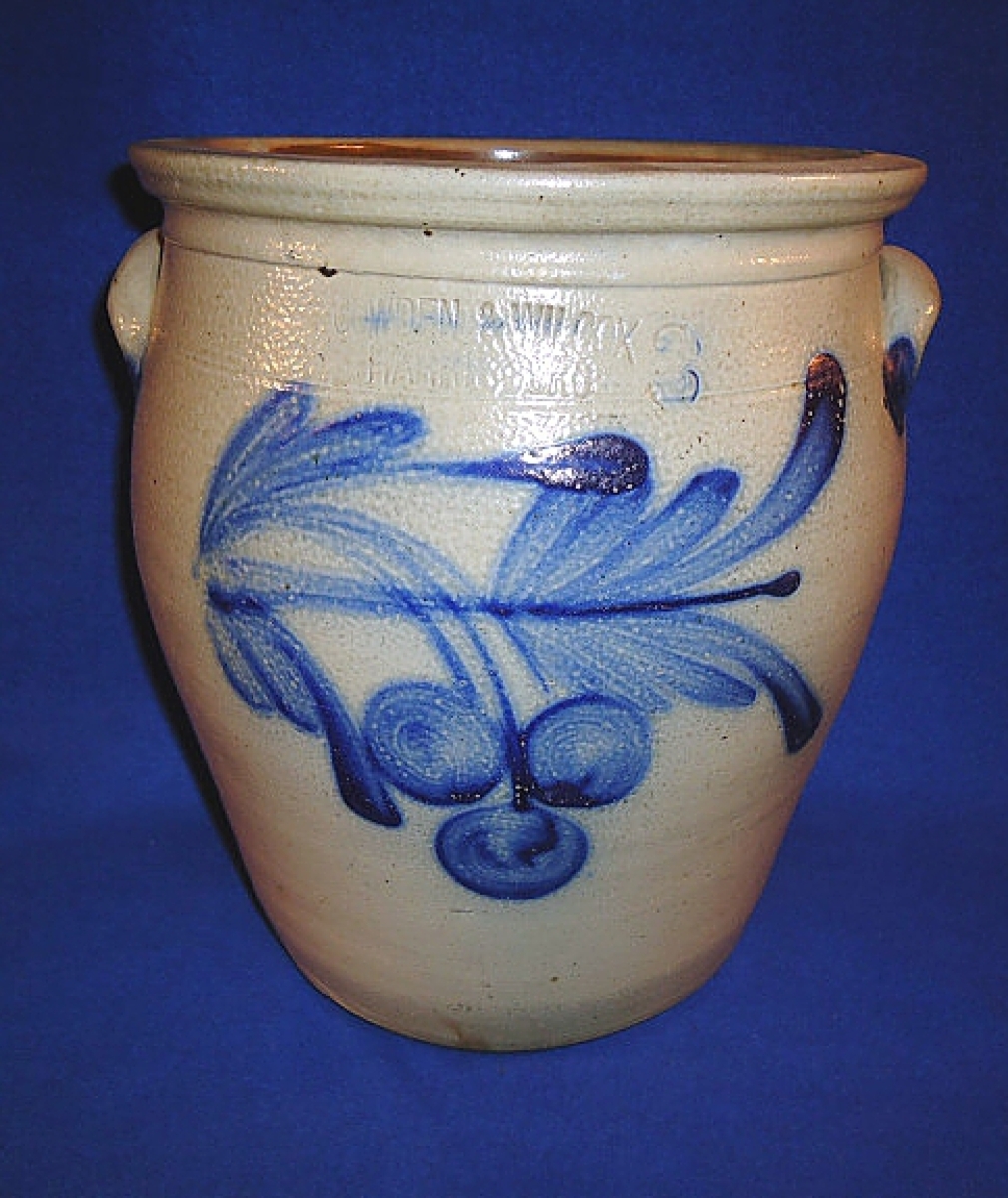 Stoneware was a popular item at the show and Duane Watson of Doc’s Crocks, Ashland, Ohio, sold this 3-gallon cream pot with cherry cluster decoration, made by Cowden & Wilcox, Harrisburg, Penn, between 1863 and 1880.