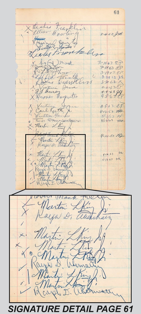 At $130,909 was the Birmingham jailhouse correspondence logbook featuring 12 Martin Luther King Jr signatures. It sold to a private collector. King was required to sign for each piece of correspondence he received, and during his eight days in the Birmingham jail where he wrote his famed letter, he received 12 communications. This was the first time the document had ever been seen in public.