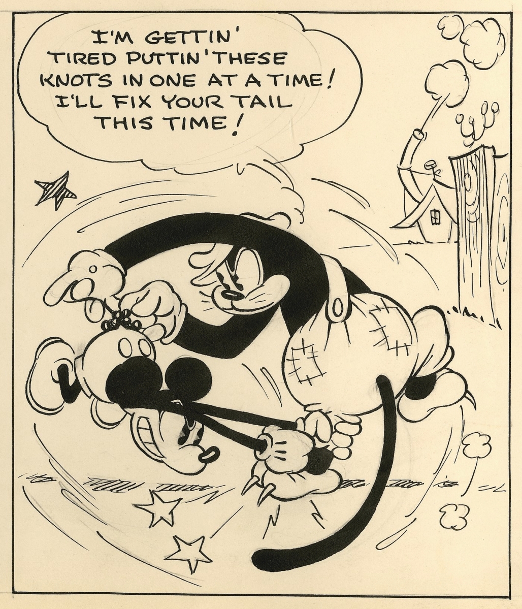 From 1931, this pen and ink original art Mickey Mouse strip was created by Floyd Gottfredson and Earl Duvall. While Gottfredson would create Mickey Mouse strips his entire career from the 1930s through his retirement in 1975, Duvall worked with Disney for a short period of time. This example was from the Mickey Mouse vs Kat Nipp storyline and lasted five panels. It brought $61,739.