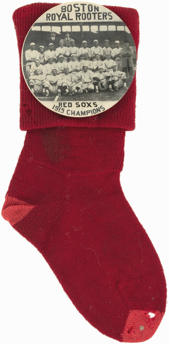 The auction house said only one other 1915 Boston Red Sox Royal Rooters button exists, and it does not have the original red stocking it was issued with. This example brought $52,367 and is one of the few images featuring Babe Ruth in his rookie year.