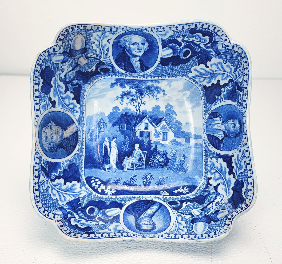 Still available for purchase was this historical blue Staffordshire cut-corner bowl with medallions of Washington, Lafayette, Jefferson and Clinton and also featuring Aqueduct Bridge and the Erie Canal. It was dated circa 1825 and priced at $23,200.