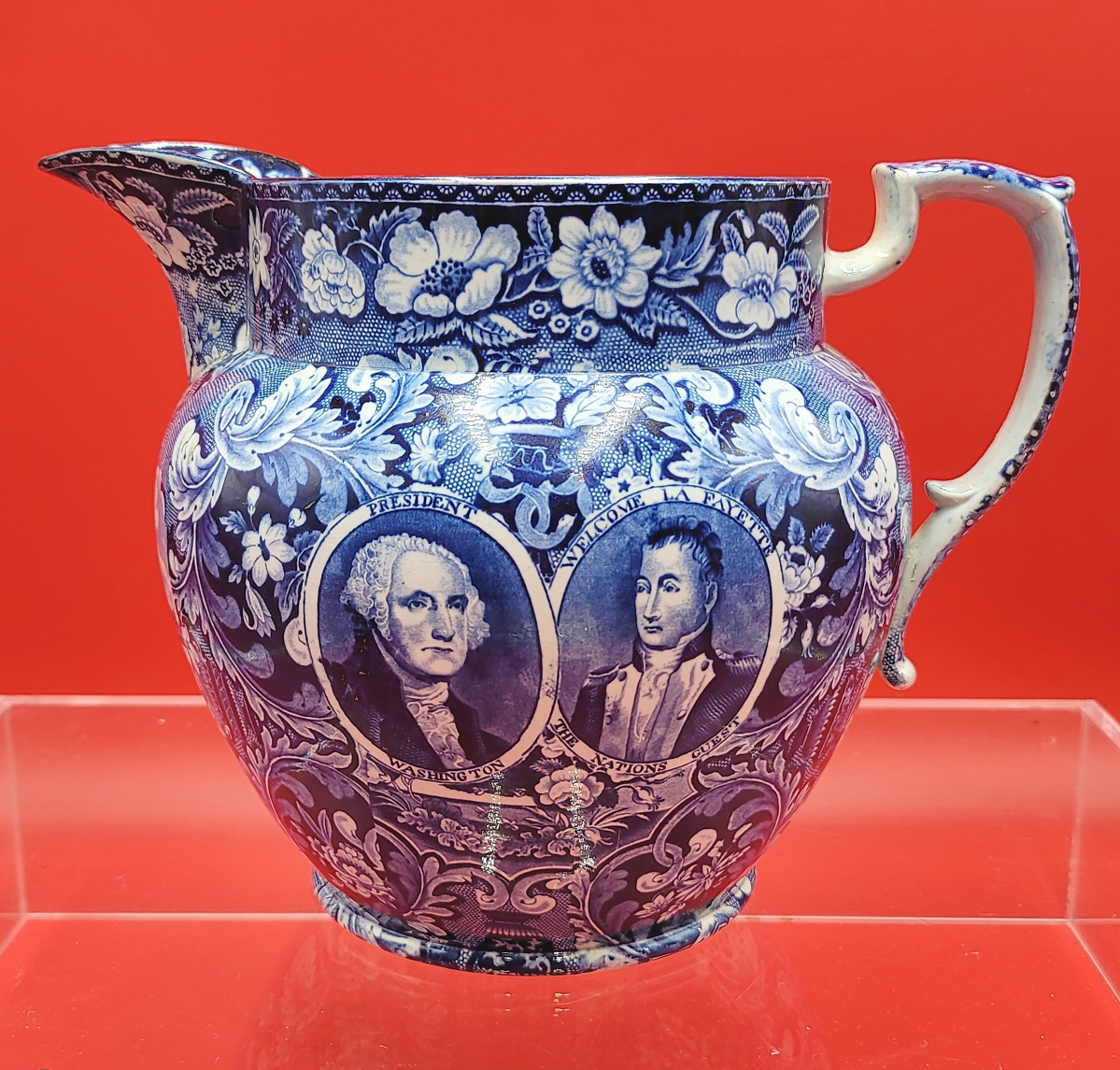 One of the priciest sales made so far was this large historical blue Staffordshire pitcher with four medallions depicting Washington, Lafayette, Jefferson and Clinton. It had been priced in the range of $15/20,000-plus.