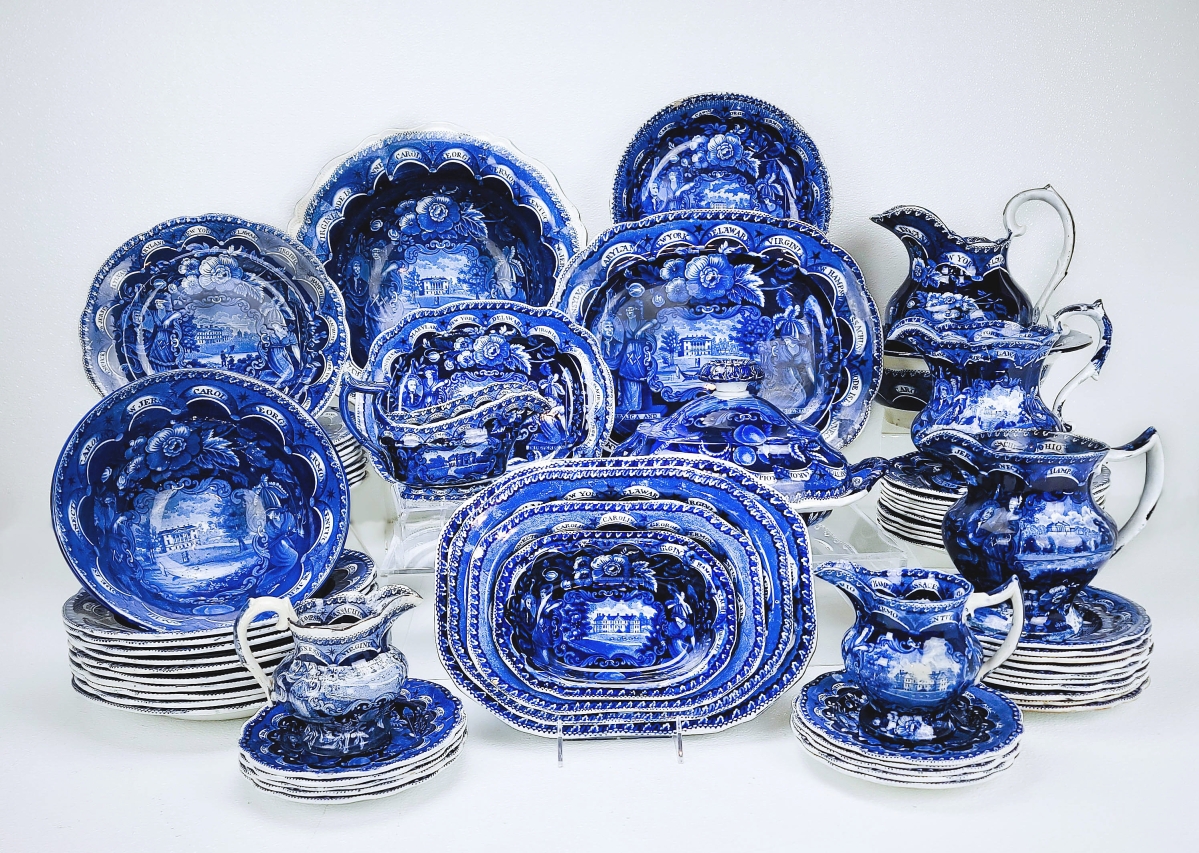 This 67-piece grouping in the “America and Independence Series” was made by James and Ralph Clews, circa 1825. According to Jonathan Kurau, it is “quite unique to find a historic transferware table service available to purchase in one fell swoop…an instant collection if you will.” At press time, the service was still available and priced at $22,500.
