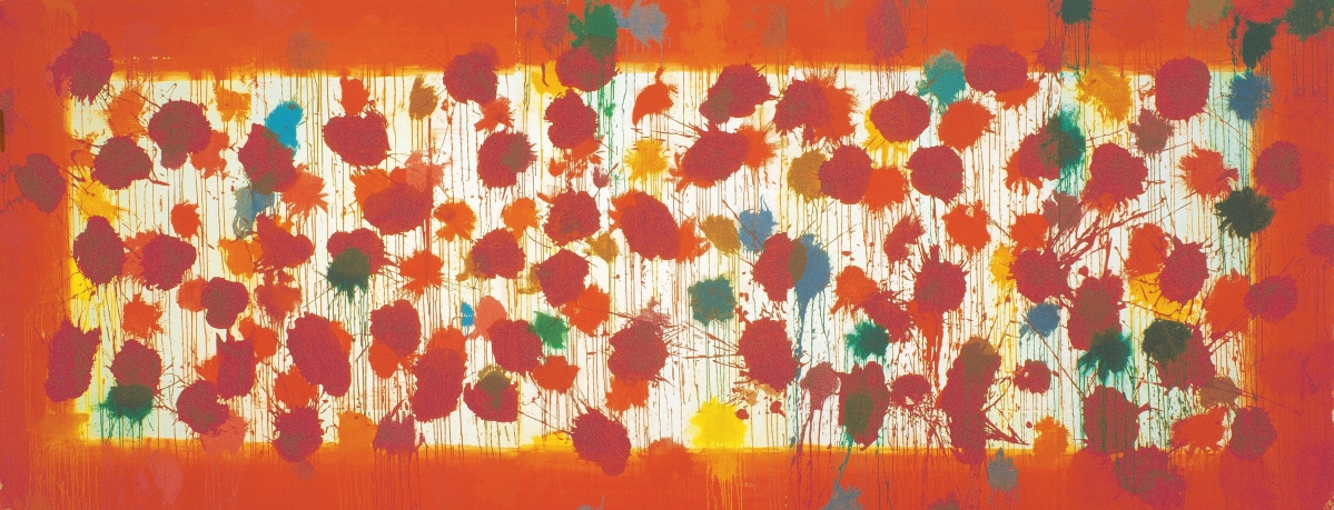 Howard Hodgkin, “As Time Goes By (red),” 2009, sugar-lift aquatint with carborundum relief and extensive hand painting on five hand torn panels of 350 gsm Moulin du Gué paper, 96 by 240 inches, Gift of Luther W. Brady in memory of Laughlin Phillips, 2010 ©The Estate of Howard Hodgkin.