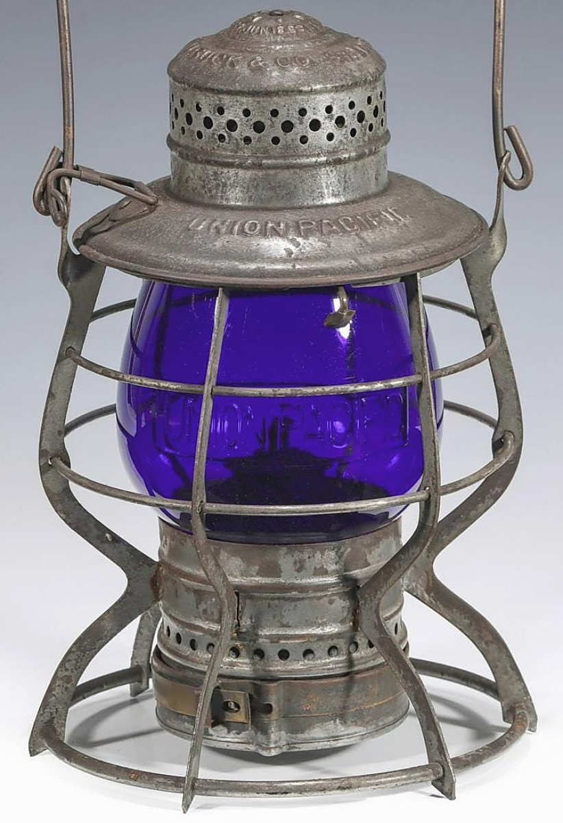 A record was set for any railroad lantern at auction when this Union Pacific example with blue globe by the MM Buck Company sold for $46,200. “It was widely accepted as the only example found with that mark, that color, that condition,” Soulis said. Blue is the rarest color of railroad lantern glass as it did not have a wide range of applications.