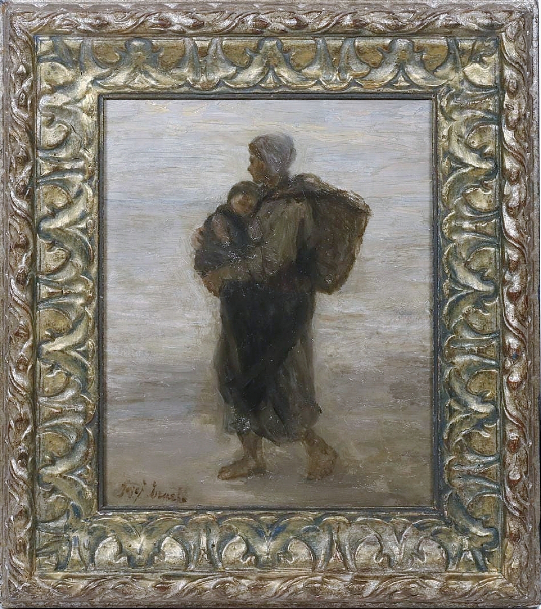Dutch artist Jozef Israëls’ (1824-1911) “Mother Carrying Her Child” would go on to sell for $24,000. The work had an Alexander Gallery label and measured 11 by 8 inches. Israels was a leader of the Hague School and regarded as among the country’s finest painters of his time. Much of his most lauded work focuses on the dark pity evoked by everyday life.