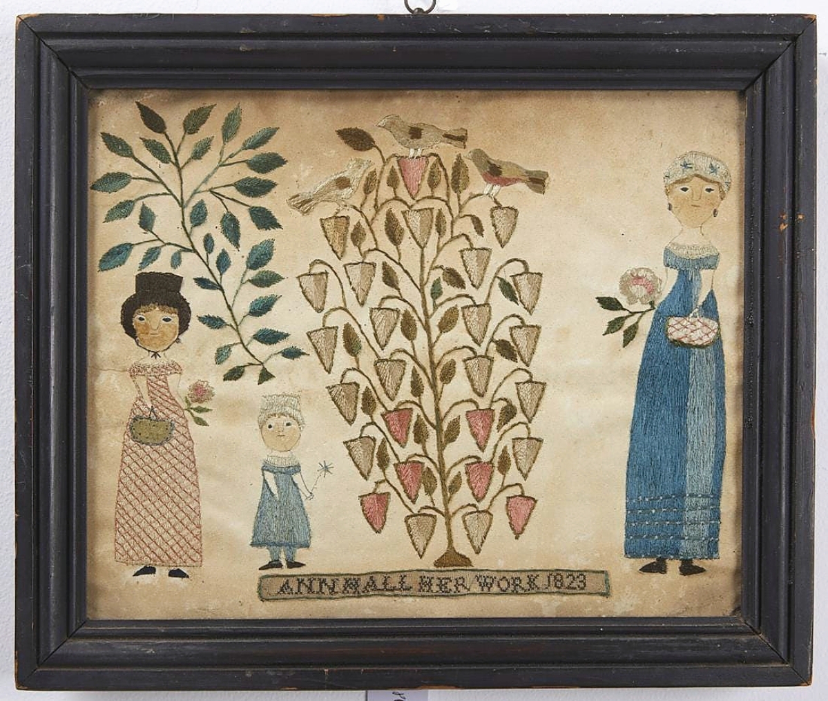 The sale’s top lot was a folk art needlework on paper that brought $49,200 to a collector. It was underbid by David Schorsch and came from the Sevatson collection. The banner reads “Ann Hall Her Work 1823.”
