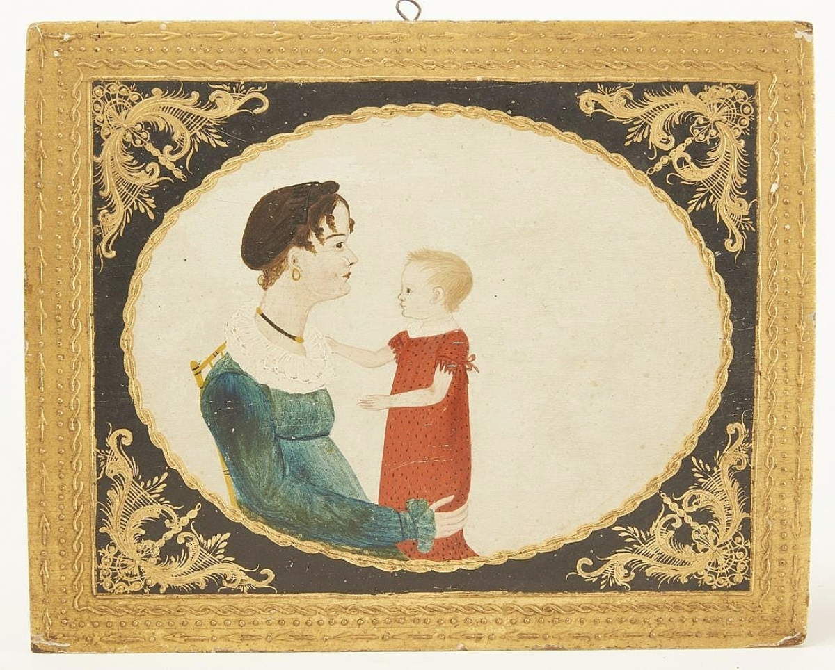 With provenance to the collection of Don & Faye Walters, this portrait of a mother and child, paint on wood panel and measuring just 7½ by 9 inches, sold for $30,000.