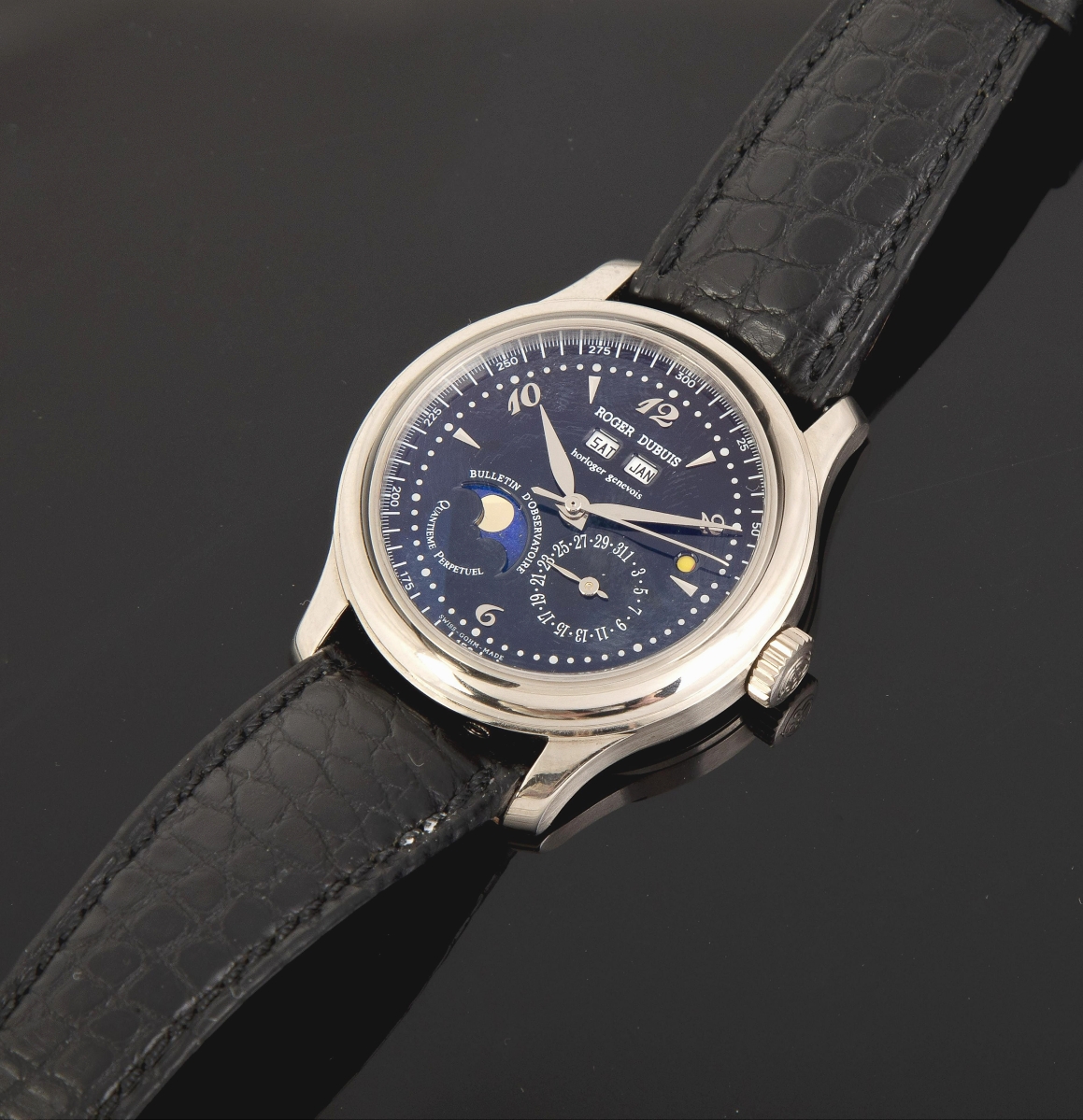 Top among any timepiece was this Roger Dubuis Hommage Quantieme perpetual white gold watch, which sold for $23,600.