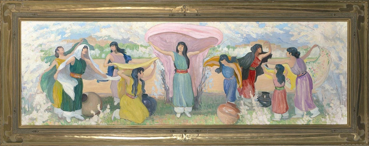 The top lot of either day was “After The Ceremony” by Bert Geer Phillips (1868-1956), a 24- -by-75½-inch oil on board that brought $75,000. According to the artist’s son, the painting depicts Pueblo women amid the plum blossom bloom, a visual enjoyed right now in Santa Fe.