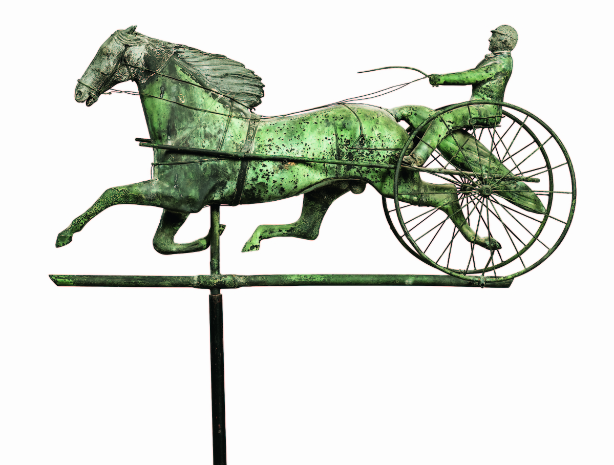 There were a number of good weathervanes in the sale. This unusually small horse with sulky and driver was only 29 inches long. The horse’s mane was cast zinc, as was the head, and it realized $23,750.