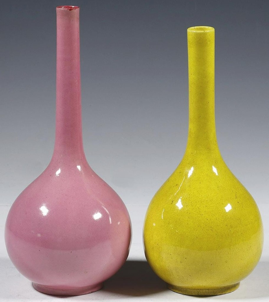 This lot of two early Twentieth Century porcelain bottle vases in bright pink and yellow glazes was one of two lots sharing top-lot honors. It brought $1,320 from a buyer in Rhode Island ($200/300).