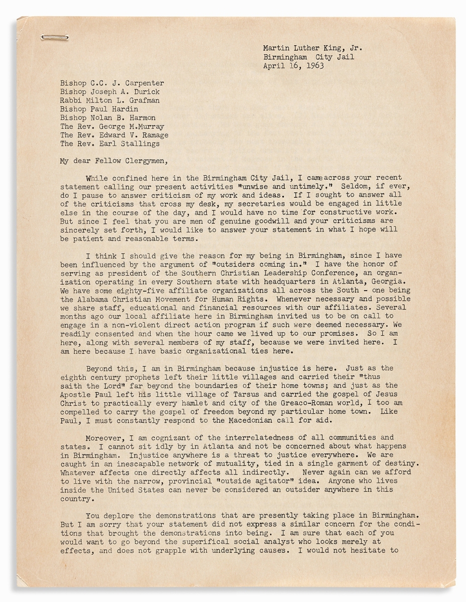 By far the highest priced item in the sale was a pre-publication draft of Martin Luther King’s “Birmingham Jail Letter,” which sold for $185,000. King wrote the letter, which urged non-violent civil disobedience, while in the Birmingham jail in 1963. He had been arrested along with other leaders of the Southern Christian Leadership Conference during a peaceful demonstration but remained in jail for eight days.
