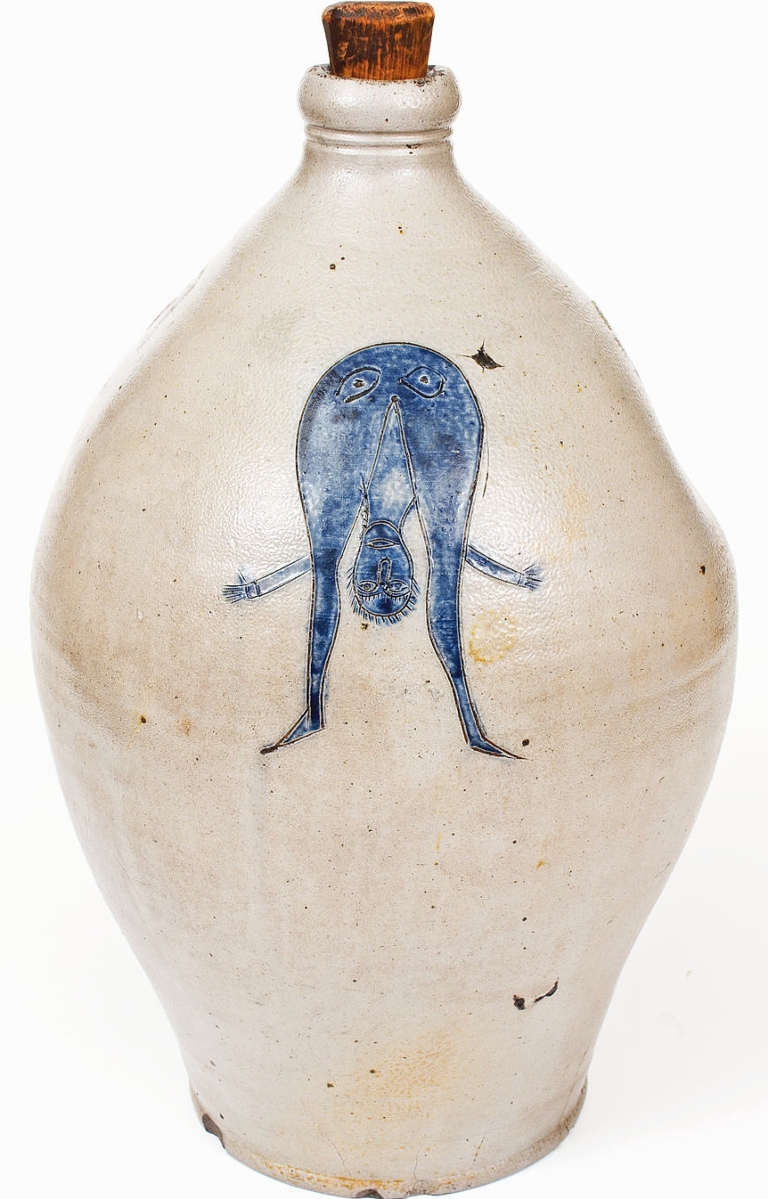 Included in the canon of exceptional American stoneware was this 3-gallon incised stoneware jug that brought $21,600 to collector Adam Weitsman. He said he remembered seeing it in Barry Cohen’s collection as a teenager and felt determined to own it here. A pair of eyes appear on the rear end of the figure bent over and looking through his legs, interpreted to be a pun on “hindsight” or “mooneyed,” a slang term for drunk. The jug was published and exhibited.