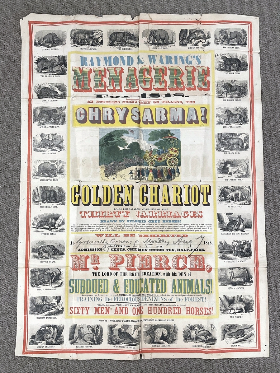 Testimony to a New York City printer’s stock of display caps, animal relief cuts and colored inks, this bright, color-printed 1848 circus poster surprised by finishing at $19,200.