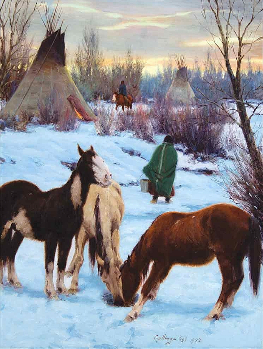 Beautiful colors and a dynamic composition are some of the elements that make “Cheyenne Winter Camp” by William Gollings one of the artist’s best works and worthy of his record setting price of $643,500. A private collector, bidding by an agent in the room, acquired the 1922 oil on canvas, which measured 24 by 18 inches ($300/500,000).